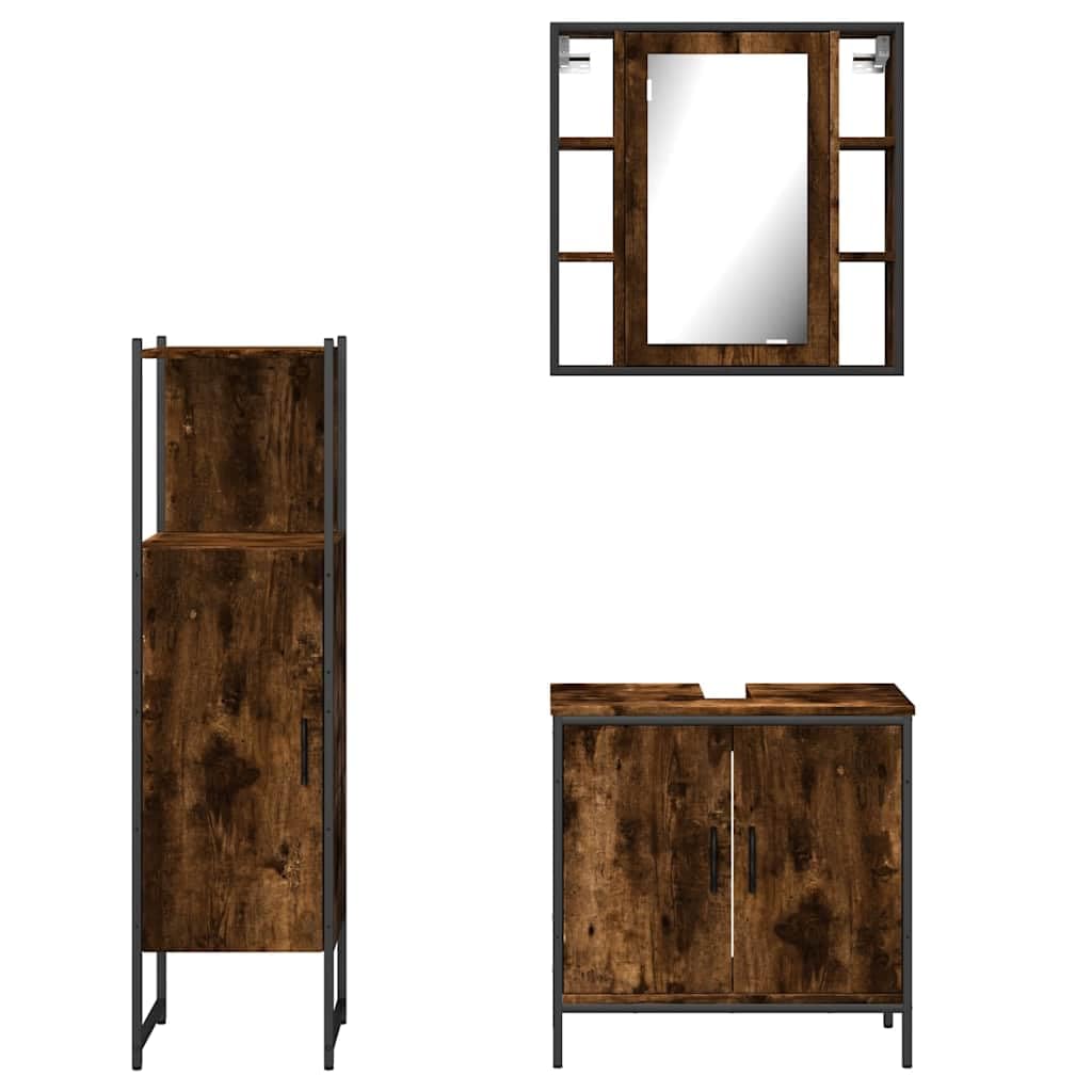 3-teiliges Badmöbel-Set Räuchereiche Holzwerkstoff für Badezimmer mit Stauraum Spiegel und Unterschrank, platzsparende Garnitur mit höhenverstellbaren Beinen und Wandmontage