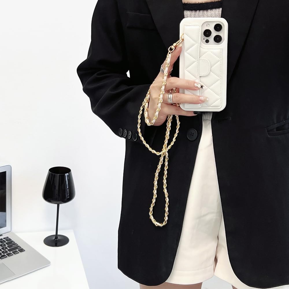 Phone Crossbody Chain Cell Phone Lanyard,Leather+Metal Shouder Strap Universal Cellphone Chain Strap with Tether Patches Compatible with Most Phones Bag Purse Silver+White image 3