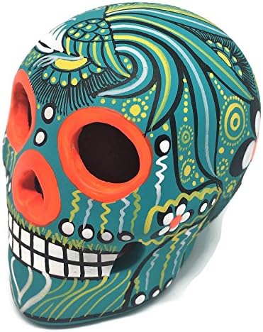 Hand-Painted Mexican Sugar Skull - 3" Dia de Los Muertos Altar Decorations | Day of The Dead Sugar Skulls | Valentines Day Ceramic Calaveras Decor for Home or Office - by Artesano [Mint/Teal]