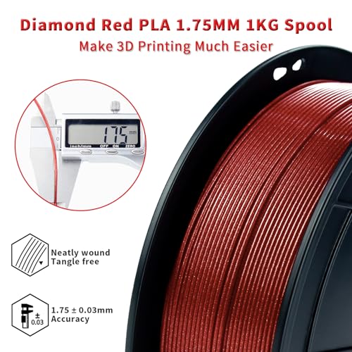 Image of ZIRO 3D Printer Filament, 1.75mm Shiny Sparkle PLA with Glitter, Diamond Series Filament, Twinkling PLA 1kg /2.2lbs Spool, Colorful Material, Dimaond Red