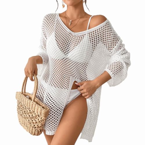 AOWVUTS Vestido Playa Mujer Crochet Bikini Cover Up con Cuello en V de Manga Larga Casual Traje de Baño Suelto Vestido con Recorte Sexy de Verano Camisolas y Pareos Cubrir Ropa de Baño