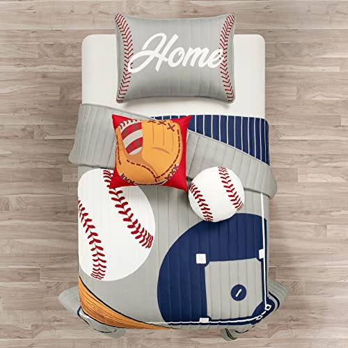 Lush Decor Baseball Game Reversible Quilt Twin Size 4 Piece Set Gray & Navy - Toddler Bedding Set Twin Quilt - Sports Bedroom Decor - Baseball Bedding