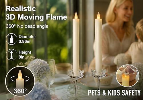 Image of Flameless Taper Candles Flickering with Remote and Timer, 3D Moving Flame Taper Candle Battery Operated to 400 Hours, 9 Inch Window Candles, (White)