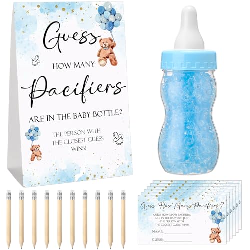 Image of Roowest 512 Pcs Baby Shower Games Guess How Many Pacifiers Sign 100 Small Guessing Games 10 HB Pencils 750ml Milk Bottle 400 Acrylic Pacifiers Decoration for Guest Gender Reveal(Blue,Bear)