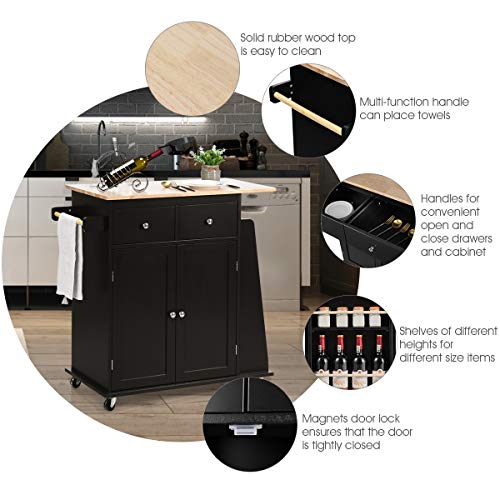 Giantex-Kitchen-Island-Cart-Rolling-Wood-Trolley-with-Storage-Cabinet-Towel-Handle-2-Drawers-Side-Spice-Rack-and-Wine-Bottle-Rack-Kitchen-Cart-on-Wheels-Rubber-Wood-Countertop-Black Giantex Kitchen Island Cart Rolling Wood Trolley with Storage Cabinet Towel Handle 2 Drawers Side Spice Rack and Wine Bottle Rack Kitchen Cart on Wheels Rubber Wood Countertop Black