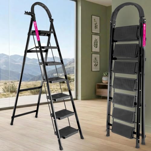 Image of Casa Copenhagen Black 7 Step Ladder for Home Use with Built-in Tool Tray | Heavy Duty D Shape Rods | Ultra Large Platform | Wide Rubber Feet | 150Kg Capacity Foldable Ladder - 7 Years Warranty