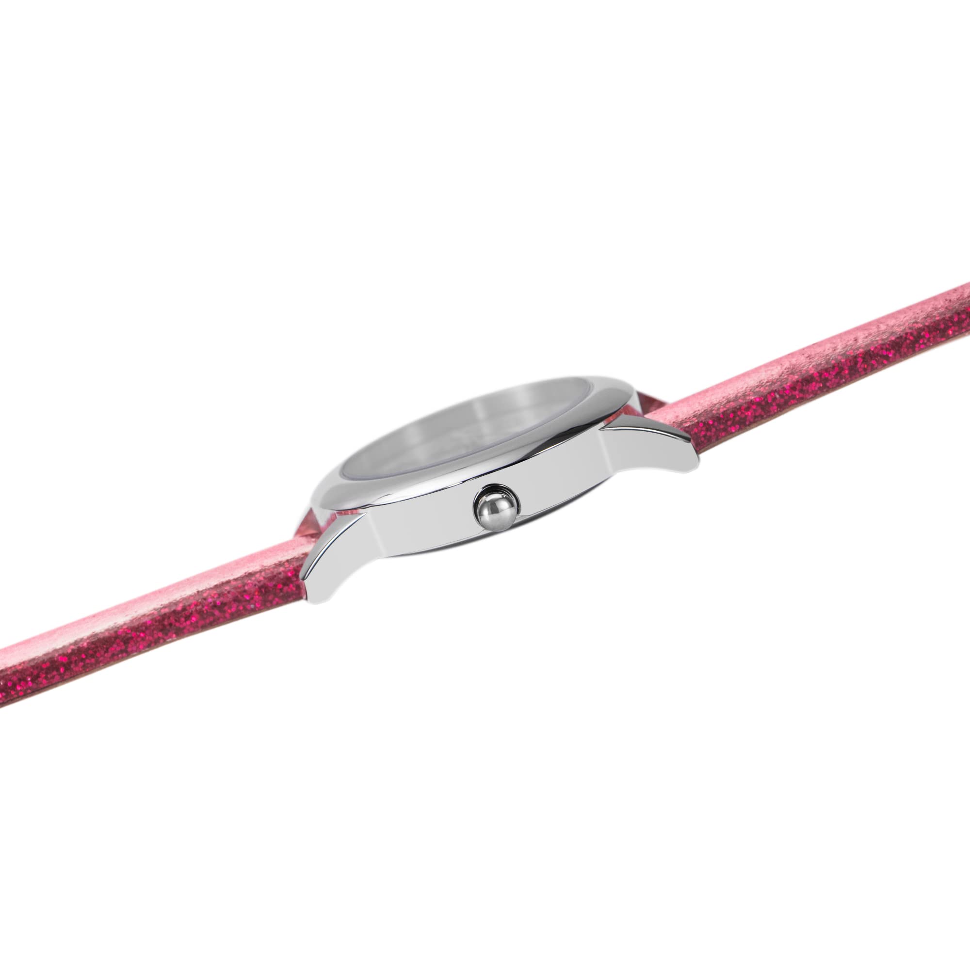 Disney Minnie Mouse - Orologio analogico in acciaio inox per bambini, con cinturino in pelle, cassa liscia, rosa, striscia, rosa, striscia