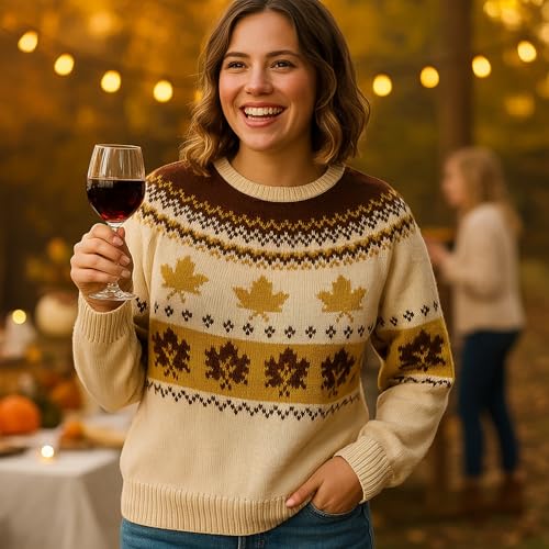 Women's Fall Maple Leaf Knit Sweater Autumn Crewneck Pullover Jumper Thanksgiving Outfit Pumpkin Patch Sweater Gift4
