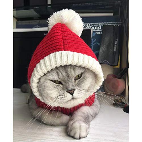 Hotumn Funny Christmas Dog Cap with Pompon Crocheted Snood Adorable Dog Hat Red Warm Winter Dog Hat Knit Snood Headwear… - Image 3