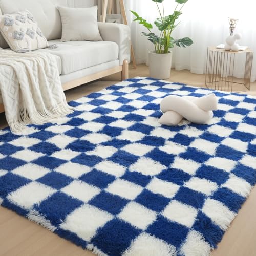 Gsogcax Karierte Teppiche für Wohnzimmer, superweich, flauschig, für Schlafzimmer, zottelig, rutschfest, bequem, große Teppiche, Innenbereich, moderne Heimdekoration, Bodenteppich, Blau und Weiß, 200