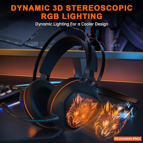 Image of Gaming Headset for Xbox Series X /S, Xbox One, PS5, PS4, PC with 7.1 Surround Sound, Wired Gaming Headphone with Noise Cancelling Mic, Dynamic RGB Light for Xbox Controller, Switch (Black Orange)