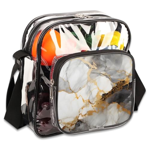 GzLeyigou Clear Crossbody Bag Stadium Approved White Luxury Transparent Bag for Festivals, Sports Events, Concerts,Beach Bag for Women Men Marble Pattern Clear Purse with Front Pocket Messenger Bag
