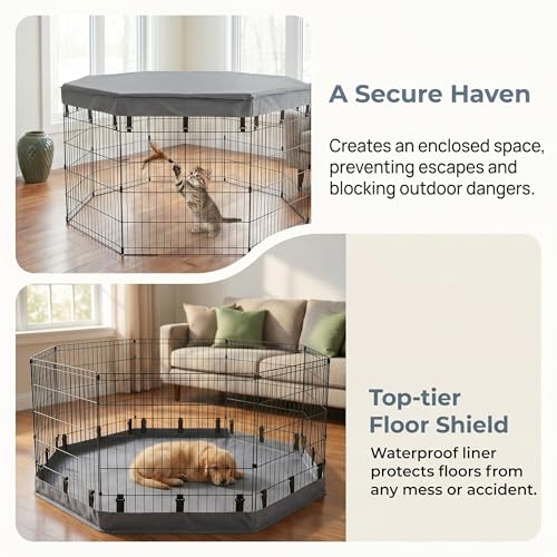 Image of PJYuCien 2-in-1 Octagonal Dog Playpen Bottom Pad for 24 inch Side Pen, Gray | Dual-function Pad, For Puppy Small Animals, Protects Floors, Easy Clean, 600D Oxford, Snap Hooks