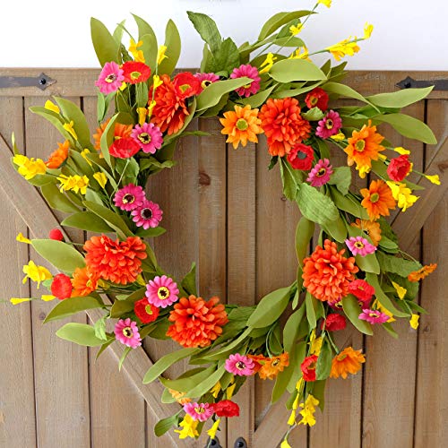 Idyllic 20 Inches Bright Floral Wreath- Artificial Colorful Daisy And Green Leaves Wreath For Summer Indoor Decor thumb #4