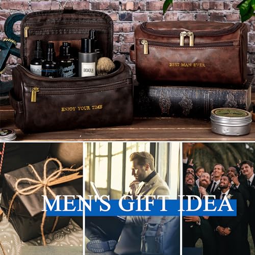 Flycalf Mens Toiletry Travel Bag Customized Mens Leather Toiletries Grooming Bag for Men Shaving Bag Hanging Water Resistant Organizer (Coffee)3