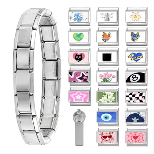 ITingstere Italian Charms Bracelet Sets with 1Pcs Starter Brascelet,20Pcs Charms and Opening Tools,9mm Italian Modular Charm Bracelet Link Handmade DIY Module Jewelry Gifts