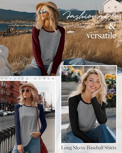 Huukeay 3 Pack Women's Long Sleeve Shirts, Raglan Color Block Baseball Tees, Crew Neck Casual Jersey Tunics Tops3
