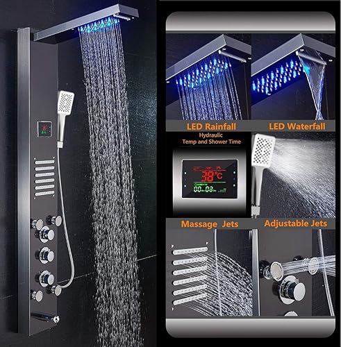 Image of ELLO&ALLO LED Shower Panel Tower System, Hydroelectricity Display Rain Massage with Jets, Brushed Black