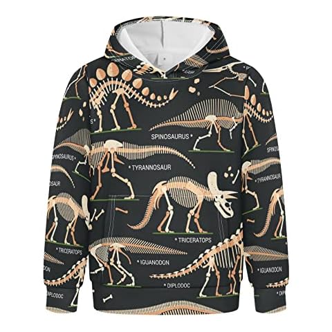 Linomo Unisex Kids Hoodies Dinosaur Fossils Eggs Bone Skeleton Sweaters Pullover Hoodies Hooded Sweatshirt for 4-10 Years Boy Multicolor Cover