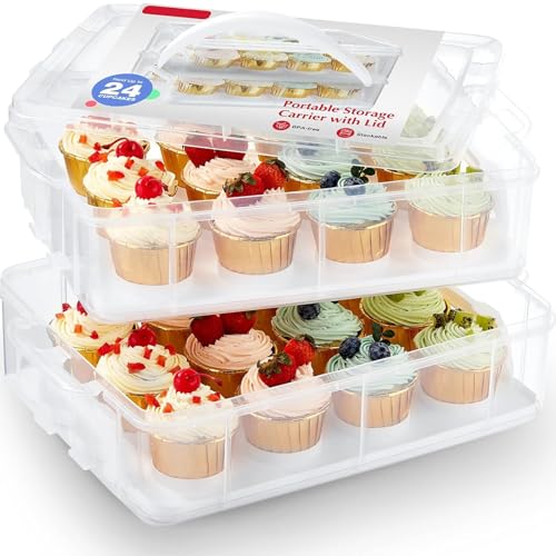 Two-Tier Plastic Cupcake Holder for 24 Cupcakes with Lid and Handles