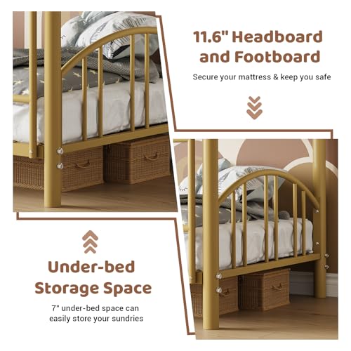 Garvee Bunk Bed Twin Over Twin with Ladder and Arched Guardrail, Heavy Duty Bunkbeds Frame with Sturdy Steel Slats Support for Kids Boys Girls, Space-Saving, No Box Spring Needed, Gold