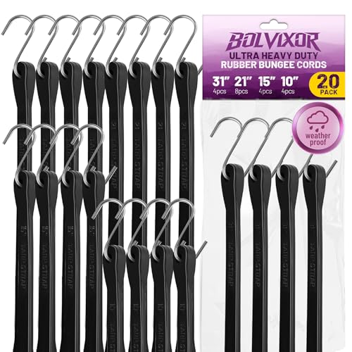 Bolvixor Bungee Cords with Hooks (20 Pack) 10 15 21 31 Heavy Duty EPDM Rubber Tarp Straps Max Stretch 2X Load 180+ LBS Crimped S Hooks for Cargo Trucks Camping Outdoor Use