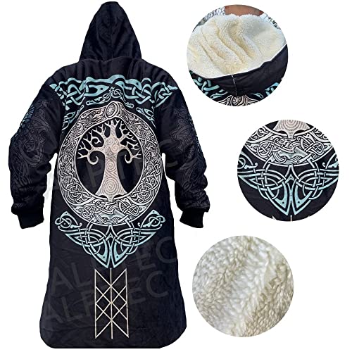 Viking Hooded Coats Unisex Faux Cashmere Robe Warm Long Sleeve Cloak Norse Myth Compass And Odin Raven Tattoo Overcoat4