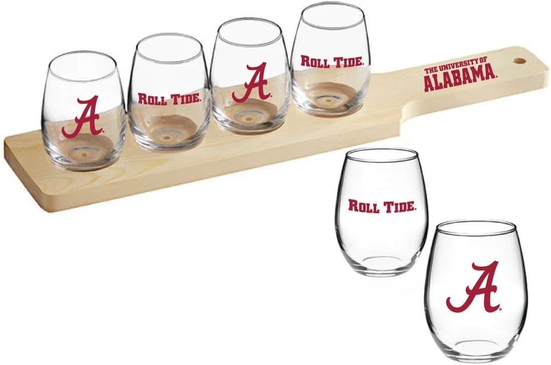 RFSJ INC. Alabama Crimson Tide Tasting Flight Board – Officially Licensed Wooden Beer Flight Set with 4 Logo Glasses – Barware for Tailgates, Home Bars – 6 oz Glasses