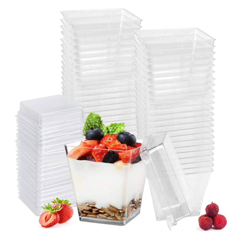50 Bicchieri da Dessert in Plastica con Coperchio, Coppette Gelato Quadrate Trasparenti, Tazze da Dessert per Monoporzioni, Mini Bicchieri per Dessert Riutilizzabili, Senza BPA per Dessert Fai Da Te