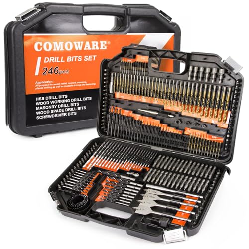 Image of COMOWARE Drill Bit Set, 246 Pcs Screwdriver Bits for Cordless Drill, Screwdriver Drill Bits Set Combo Kit for Wood, Metal Masonry Cement, Orange Case