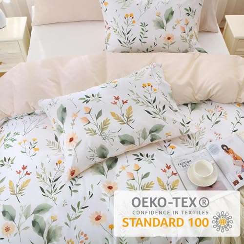 Duvet Cover King Size, Reversible Floral Vintage Duvet Cover Set with Zipper Closure, 3 Pieces Botanical Patterns Soft Microfiber Bedding Set (90"x104", 2 Pillow Cases 20"×36", Garden Leaves White)