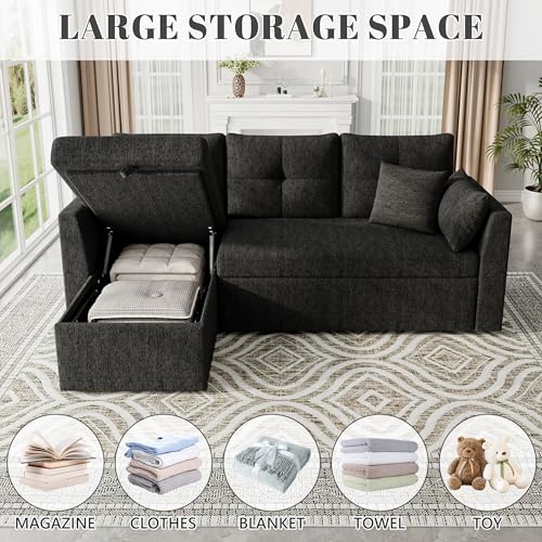 Image of Huatean Home Sleeper Couch Sofa, Sectional Sleeper Sofa Bed with Side Pocket for Living Room, 2 in 1 Pullout Couch Bed with Storage Chaise, Black