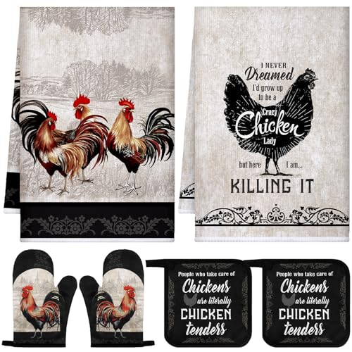 Bencailor 6 Pcs Kitchen Decor Pot Holders Oven Mitts 2 Dish Towels 2 Farmhouse Cooking Mittens Oven Glove 2 Potholder for Baking Cooking Grilling Supply AccessoriesBlack GrayRooster