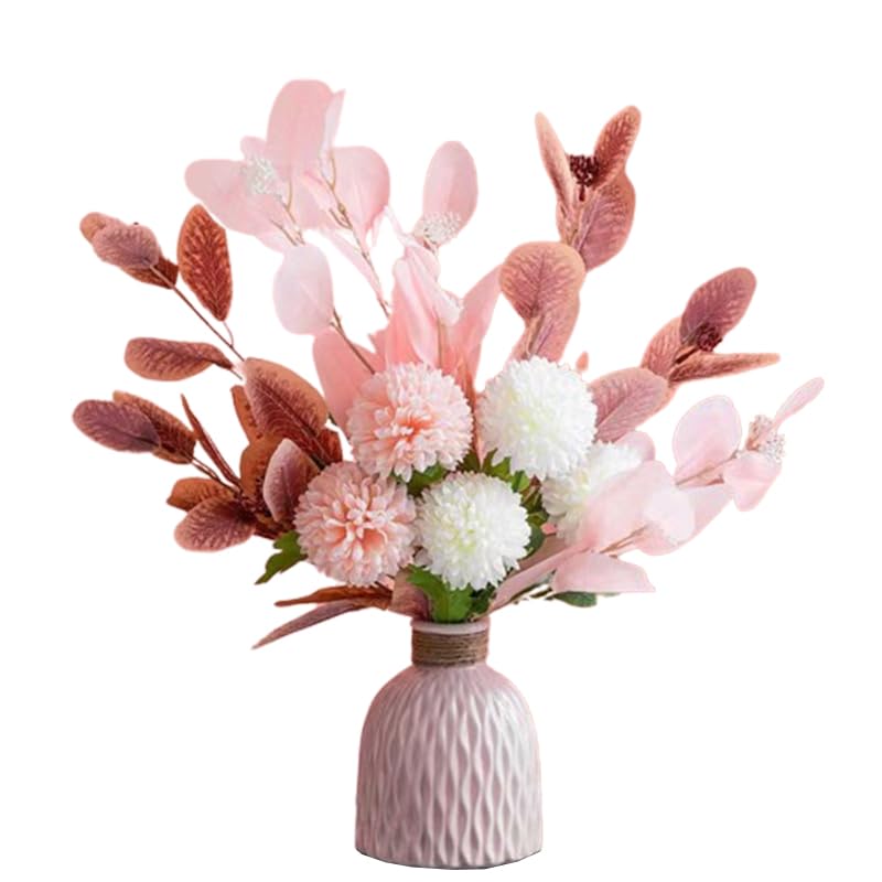 FURN ASPIRECombo Set of Ceramic Vase and Hand Made Artificial Flowers Bouquet (Pink Flower with Pink Vase)