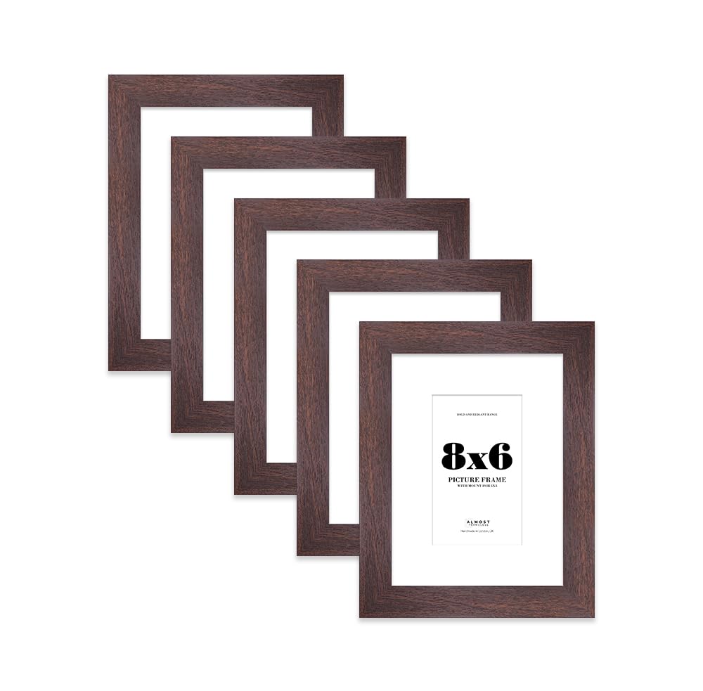 8x6" Walnut Frame With Mount for 5x3" Pictures 28mm Edge Portrait and Landscape Display with Wall Hooks and Kickstand, 5 Pack