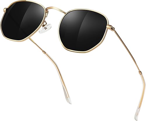 Sunier Lentes de sol polarizados para mujeres y hombres, gafas de sol cuadradas de moda, lentes de sol ultraligeras hexagonales de metal, protección
