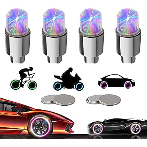YUERWOVER LED Tire Lights for Car 4 Pack Trucks Valve Stem Caps Bike Golf Cart Firefly Wheel Lights Bicycle Motorcycle Tyre Spoke Lights Waterproof for Kids Boys with 10 Extra Batteries(Colorful) Cover