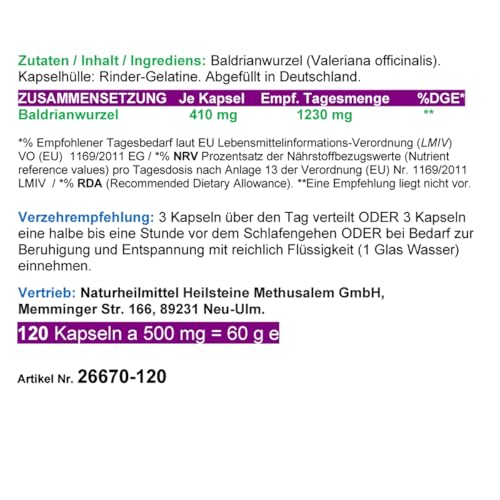 Baldrian 120 Kapseln PFLANZLICHES Beruhigungsmittel. Innere Ruhe & gesunder Schlaf. NATÜRLICHE Einschlafhilfe - Einschlafen & Durchschlafen. BERUHIGUNG & ENTSPANNUNG. OHNE ZUSATZSTOFFE 26670-120