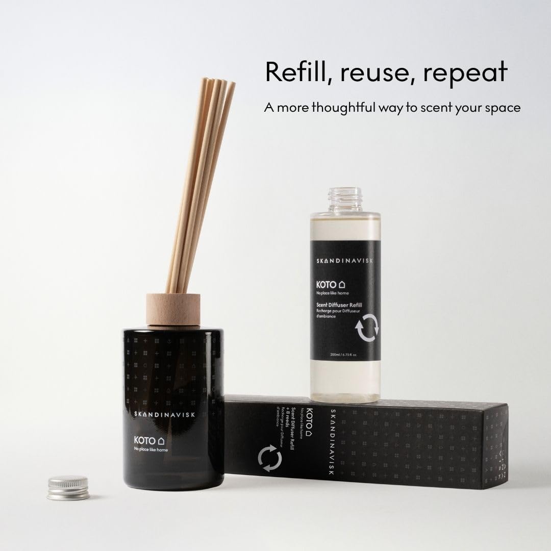 Skandinavisk KOTO 'Heimat' Duftstäbchen Diffuser Nachfüllung mit 8 Stäbchen. Duftnoten: Vanille, getrocknete Orangen, Bernstein und Leder. 200 ml.