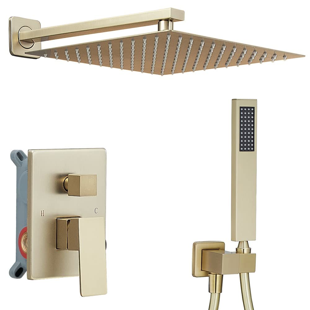Heable Brushed Gold Shower System 12 Inches Bathroom Luxury Rain Shower Head with Handheld Combo Set Wall Mounted High Pressure Rainfall Shower Head System Shower Faucet Set with Valve and Trim