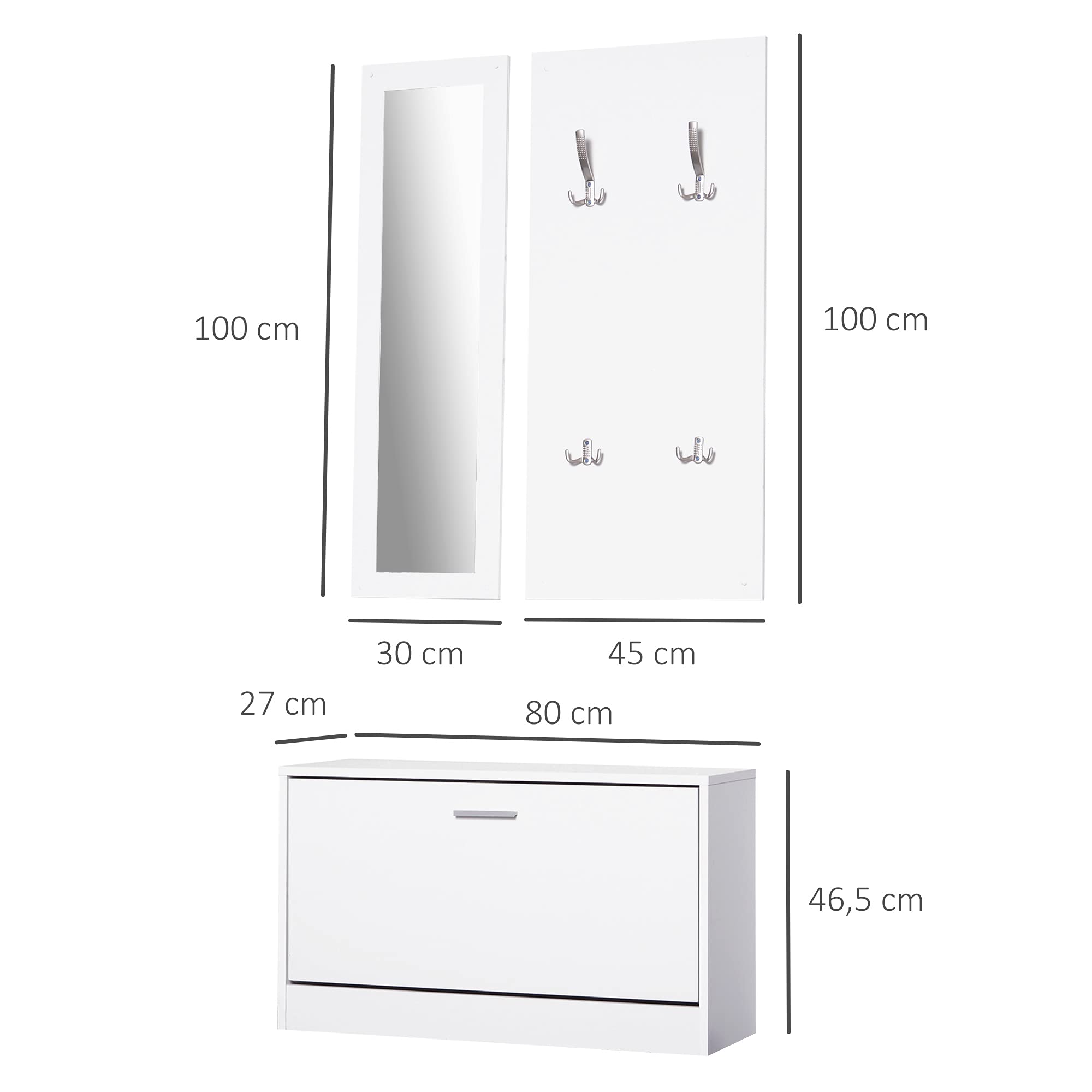 HOMCOM Conjunto de Muebles de Entrada Set de 3 Piezas 80x27x46,5cm Blanco | Recibidor Pasillo, Zapatero, Espejo, Perchero, con 4 Ganchos para Colgar Ropa, Recibidores de Entrada