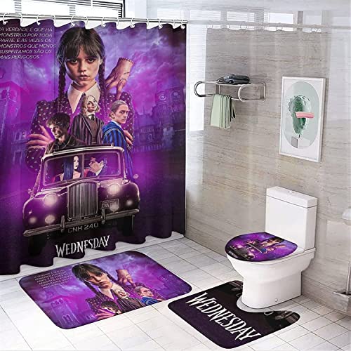 Wednesday Adams 4 Stück Duschvorhang Sets,enthalten Anti-Rutsch-Teppich,Toilettendeckel Abdeckung, Badematte Und Duschvorhang Wasserdicht Mit 12 Haken Für Bad (W2,90x180CM)