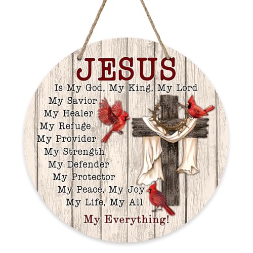 Bolisom Christian Jesus is My God Front Door Sign, Religious Cross Cardinal Red Birds Wood Door Hanger Outdoor Outside Porch Decor, Bible Verse Farmhouse Wooden Wreath Indoor Wall Hanging Decoration