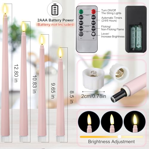 Image of Rossesay 16 Pcs Pink Flameless Taper Candles Battery Operated Candles with Remote Timer 8.5 inch 9.6 inch 10.8 inch 12.8 inch LED Flameless Flickering Candlestick for Halloween Christmas Wedding Party Decor