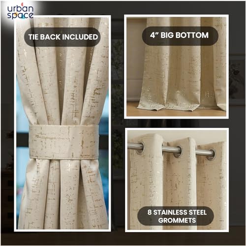 Image of Urban Space 80-85% True Blackout Curtains for Door, Gold Foil Printed Blackout Curtains, Blackout Decorative Door Curtain Eyelet with Tieback, 1 Piece Curtain for Living Room(Sparkle Beige, 8 Feet)