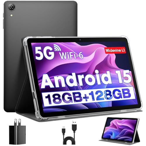 Tablet 10 Pulgadas, Tableta Android 15 con Funda, Unisoc T30 Quad Core, 18 GB RAM + 128 GB ROM + 1 TB TF, Pantalla HD IPS 1280x800, Cámara Dual 5MP + 8MP, 6000 mAh, WiFi 6, BT 5.0, Widevine L1 (K70)