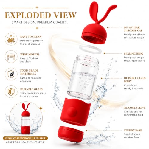 Image of Fieety Water Bottle Glass for Office Women & Men, Glass Bottle for Fridge, Leak-Resistant Glass Sipper Bottle, Reusable Bottle for Home, Gym & Travel (Rabbit Ear)