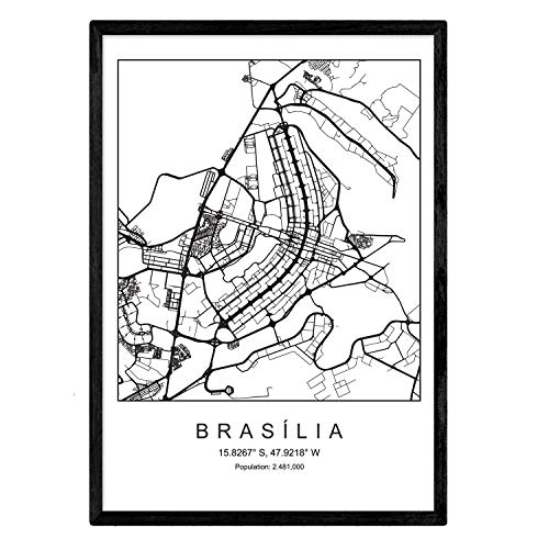 Nacnic Lámina Mapa de la Ciudad Brasilia Estilo nordico en Blanco y Negro. Poster tamaño A3 Sin Marco Impreso Papel 250 gr. Cuadros, láminas y Posters para Salon y Dormitorio