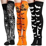 Jmkcoz Halloween Thigh High Long Stockings Over Knee Spider Socks Cosplay Bat Sock, 3 Pairs Knee High Socks for Women Girls Festival Thanksgiving Party Costumes Favor