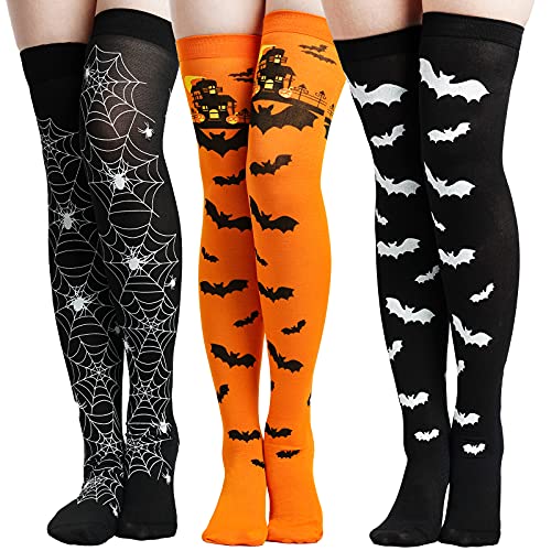 Jmkcoz Halloween Thigh High Long Stockings Over Knee Spider Socks Cosplay Bat Sock 3 Pairs Knee High Socks for Women Girls Festival Thanksgiving Party Costumes Favor
